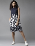 HERE&NOW Women Navy Blue Printed A-Line Dress